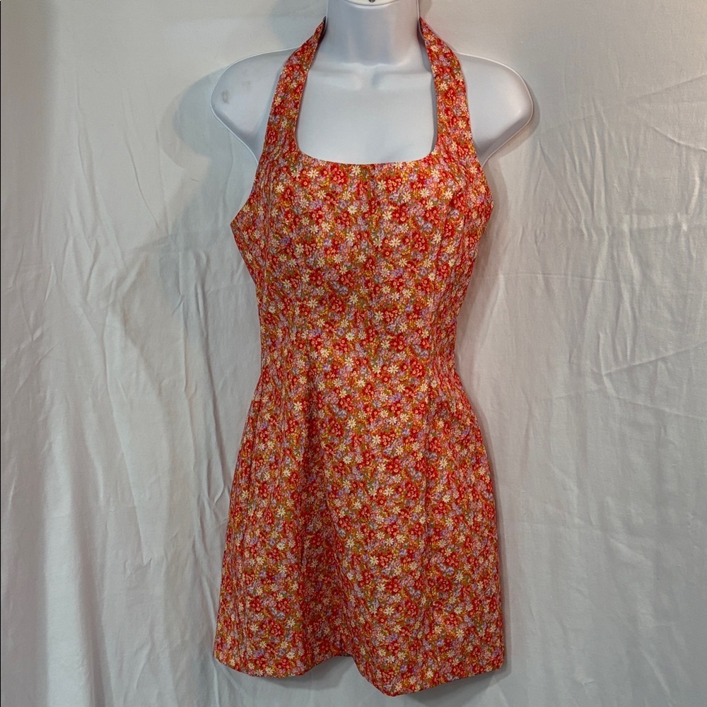 Vintage Y2K XOXO Floral Halter Mini Dress | Red Orange | Juniors 7